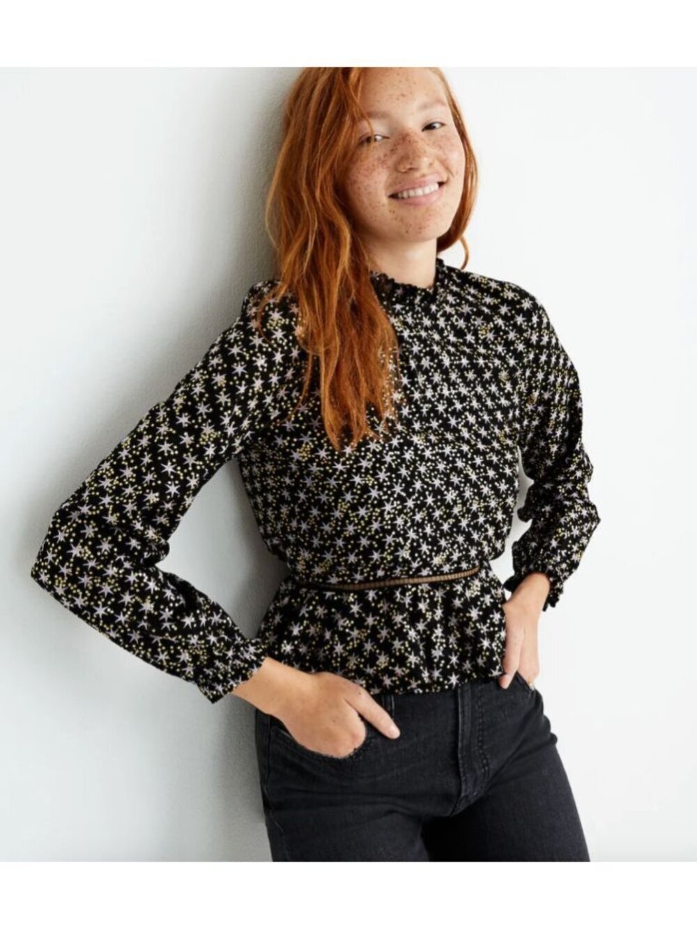 Stine Goya Shirley Peplum Top in Stars Black Gold Size Medium Balloon Sleeves